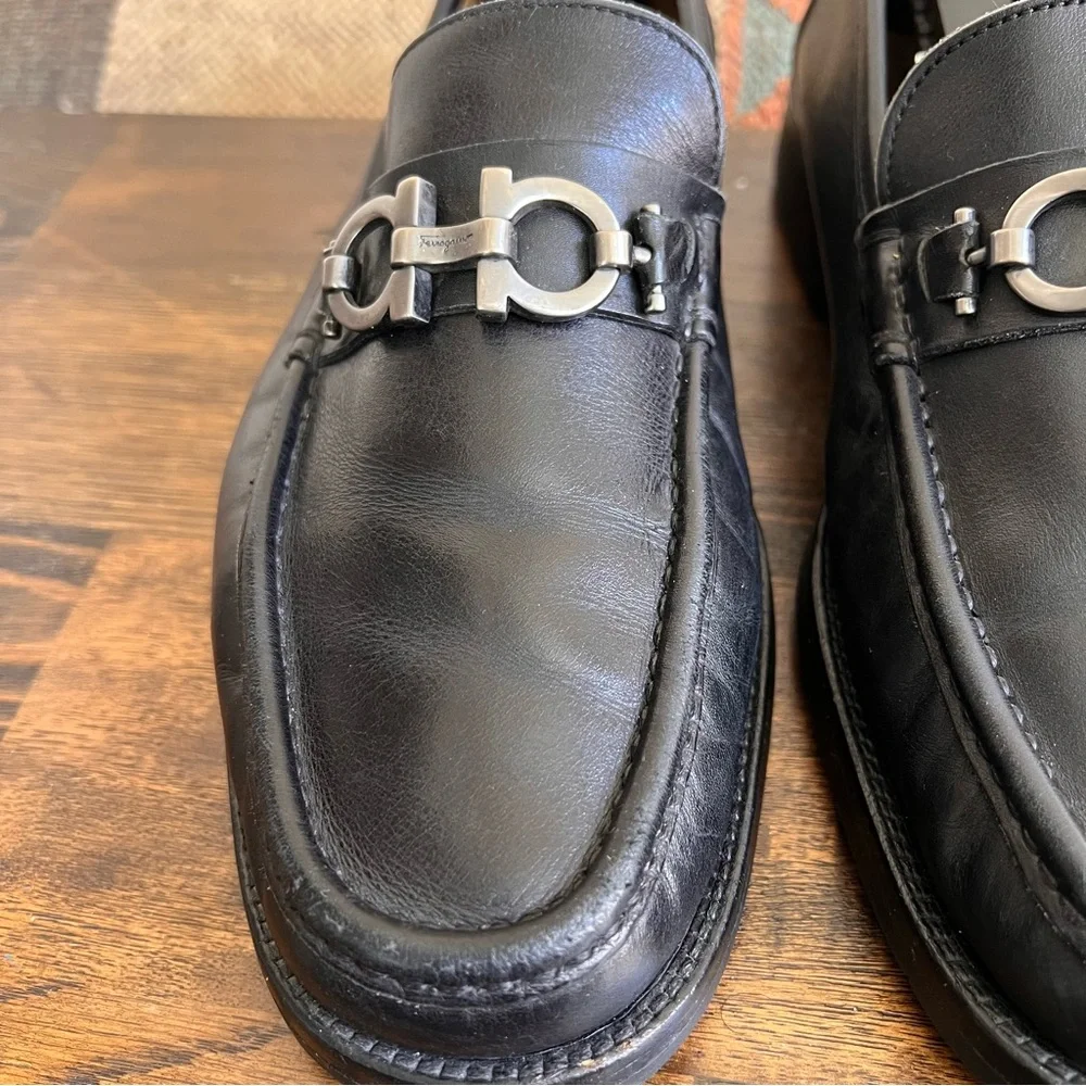 Salvatore Ferragamo DAVID Black Claf Leather Loafers 7.5 EEE US8.5 Wide